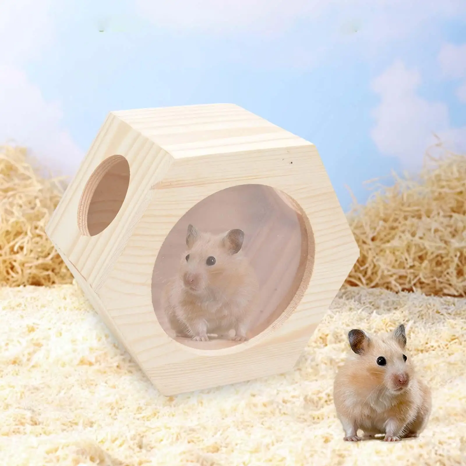 2027 Wooden Hamster House Decor Cabin Hangable Habitats with Window Nest Hexagonal Box for Hedgehog Rat Dwarf Hamster Mice Small