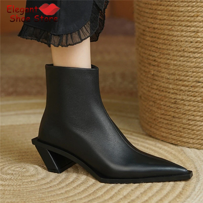 Black Genuine Leather Strange Heel Chelsea Boots British Style Pointed Toe Side Zipper Short Boots Spring Autumn New Women Shoes