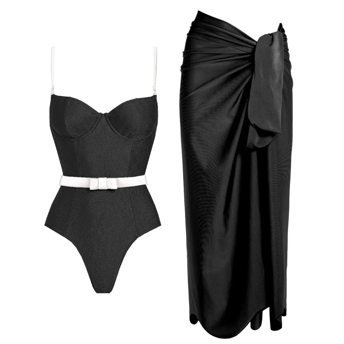 2Pcs Printed One Piece Swimsuit Women Sexy Swimwear With Skirt Strappy Bikini Bandeau Biquini Female Bathingsuit Beachwear