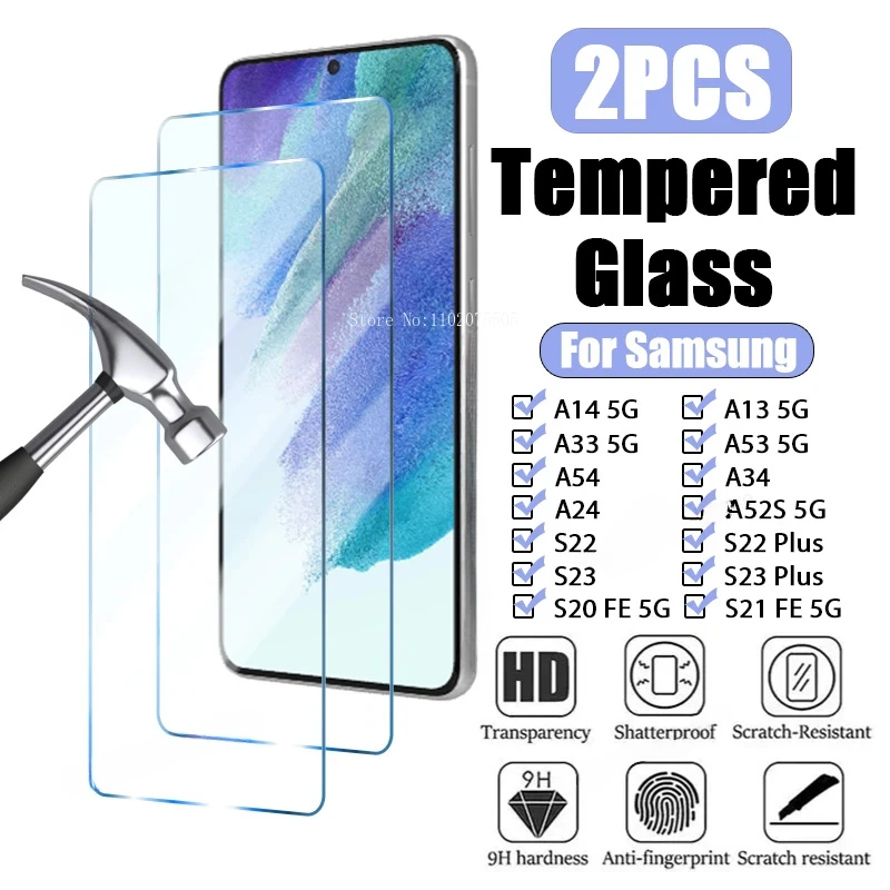 2PCS Tempered Glass For Samsung Galaxy A54 A14 A13 A33 A53 A52S A73 S21S20 FE 5G S22S23 Plus Screen Protector for Samsung A52A72