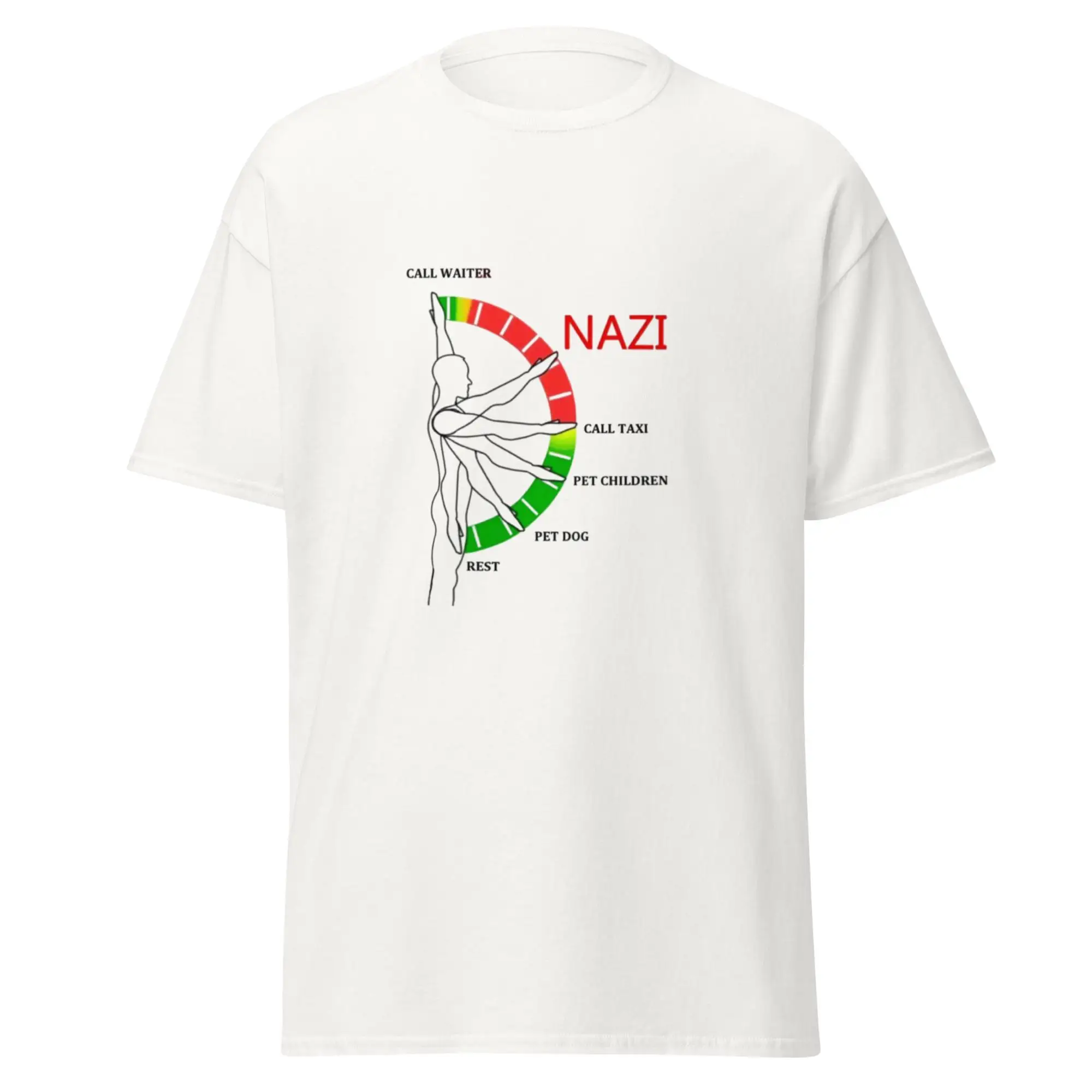 Nazi Meter Graphic T-Shirt | Dark Humor Political Satire Tee | Multi-Arm Figure 