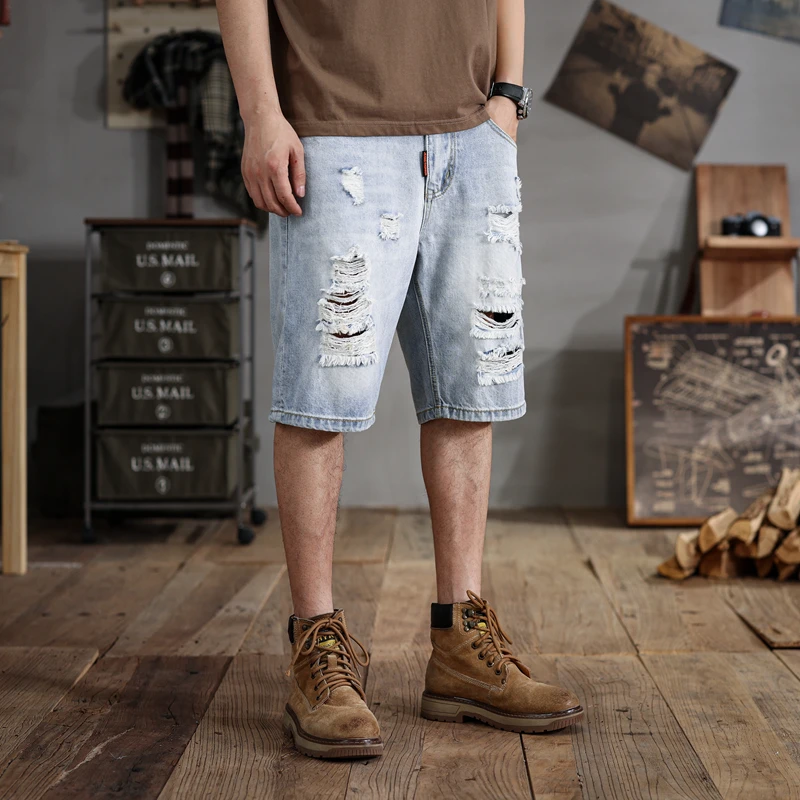 

28-48Large Size Shorts Men's Ripped Summer Loose Trendy Retro Street Fashion and Handsome Casual Oversize Cropped Pants