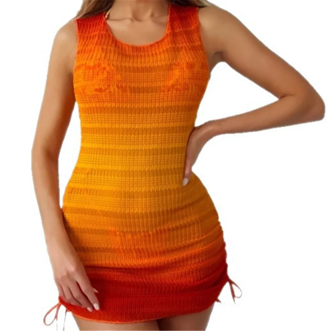 Farbverlauf, ärmelloses, gehäkeltes, gestricktes Tunika-Strandkleid, Strandkleid, Strandmode, Damenmode, V7999 – Detail 6