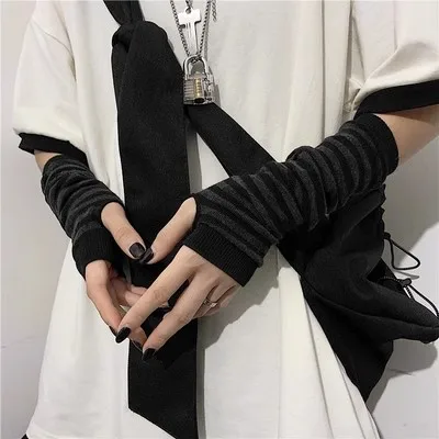 PUNK Knitted Long Fingerless Gloves Arm Cover Striped Knitted Wrist Sleeves Arm Warmer Sleeve Elbow Mittens Women Christmas Gift