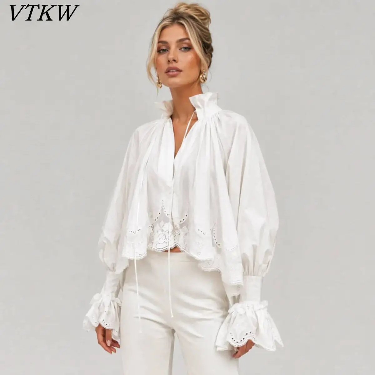 

VTKW 2026 New Women Ruffled High Neck Lace Cropped Blouse Tie Front Puff Flare Long Sleeve Hollow Out Loose White Shirt Top