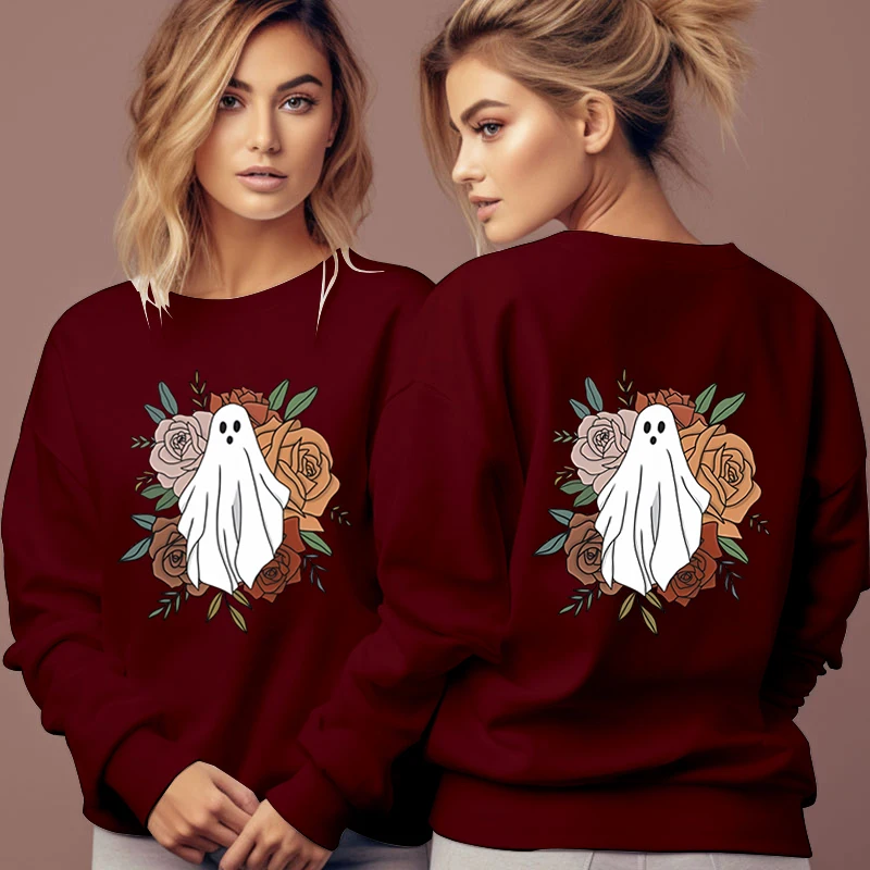 New Autumn Halloween Sweatshirts Women Cute Flower Ghost Pullover Streetwear Funny Long Sleeve Basic Halloween Female Hoodies