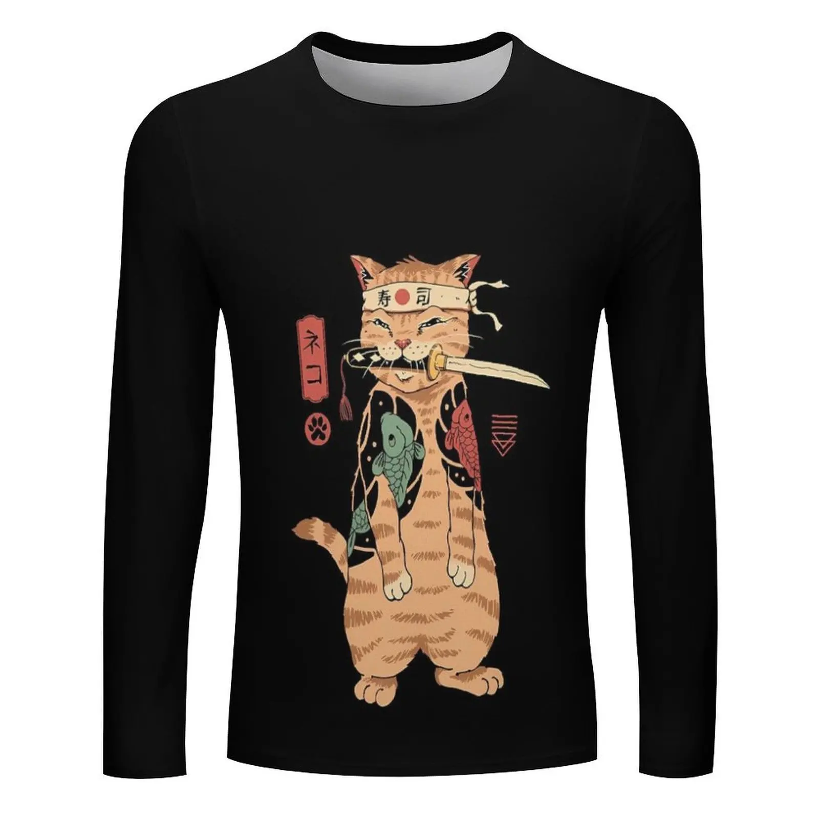 Fashion Casual Cool Samurai Cat Graphic Tee Top Men Trend Fun Hip Hop Harajuku Streetwear Leisure Printed Long Sleeve T-shirts