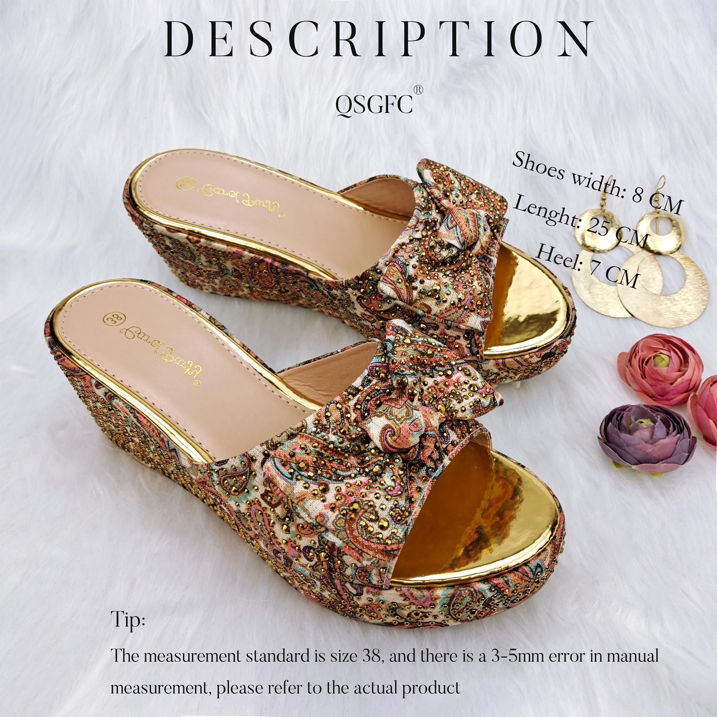 QSGFC Vintage Exquisite Gold Color Paisley Pattern Middle Women Heel Butterfly Design Ladies  Sandals Shoe Bag Set