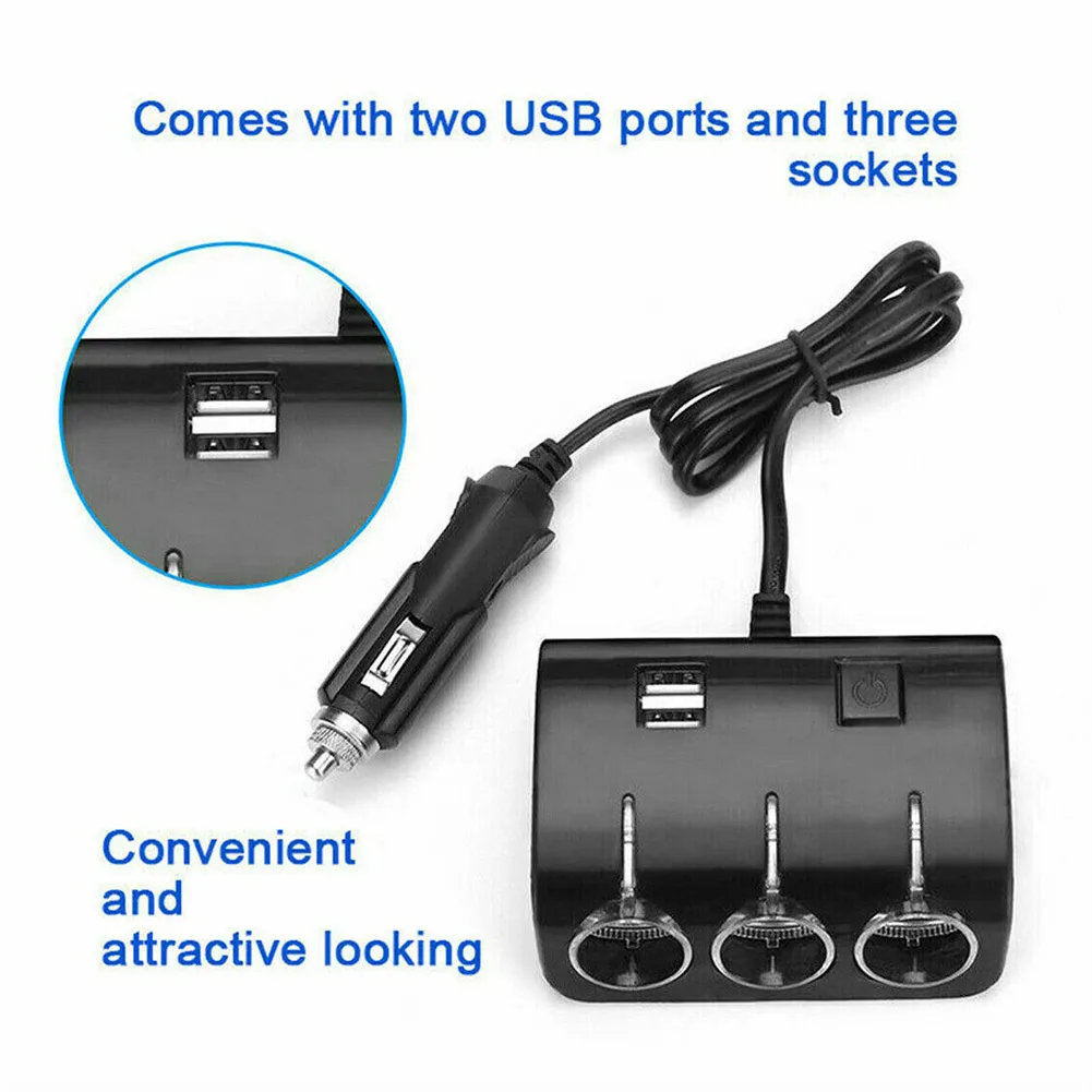 Power Adapter USB Car Charger Splitter With Cable Power Adapter 1Pieces 3 Way Blue Car DC 12V - 24V For Many Types