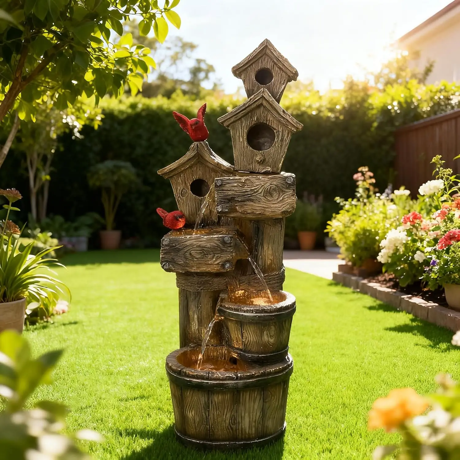 Tall Outdoor 35 Inch 4 Tier Birdhouse Floor Standing Water Fountain LED Lights Garden Patio Yard Porch Art Home Decor Bird