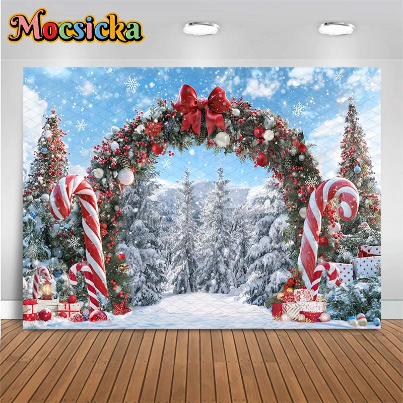 Mocsicka Winter Snowy Christmas Photography Backdrop Red Bow Candy Cane Xmas Tree Gift Box Snow Forest Holiday Party Backgrounds