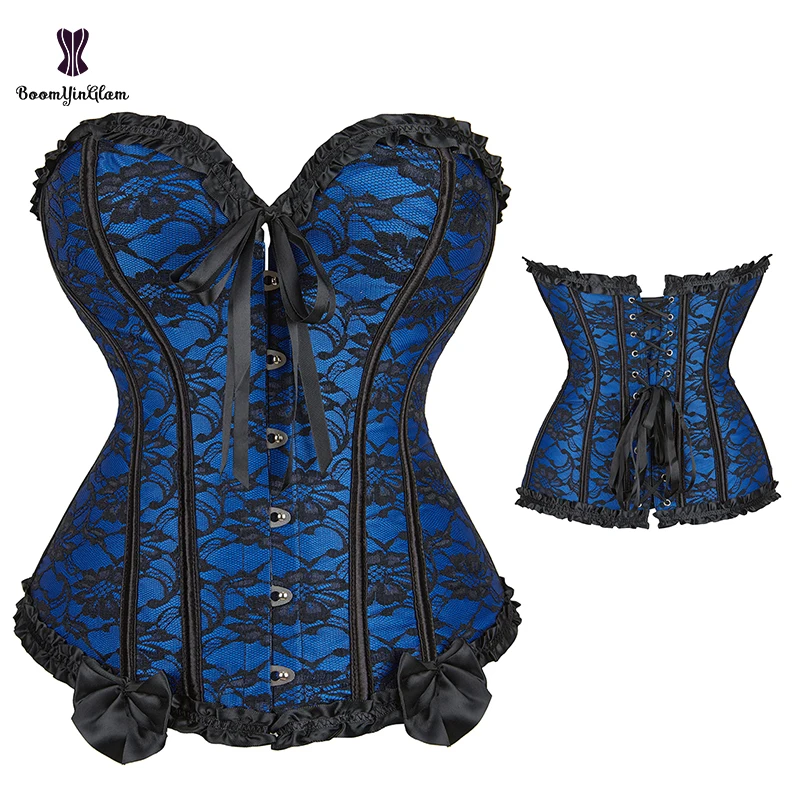 

12 Glue Bones Black Red Blue Floral Overlay Lace Overbust Corset Plus Size Undewear Corselet With 6 Busk Closure