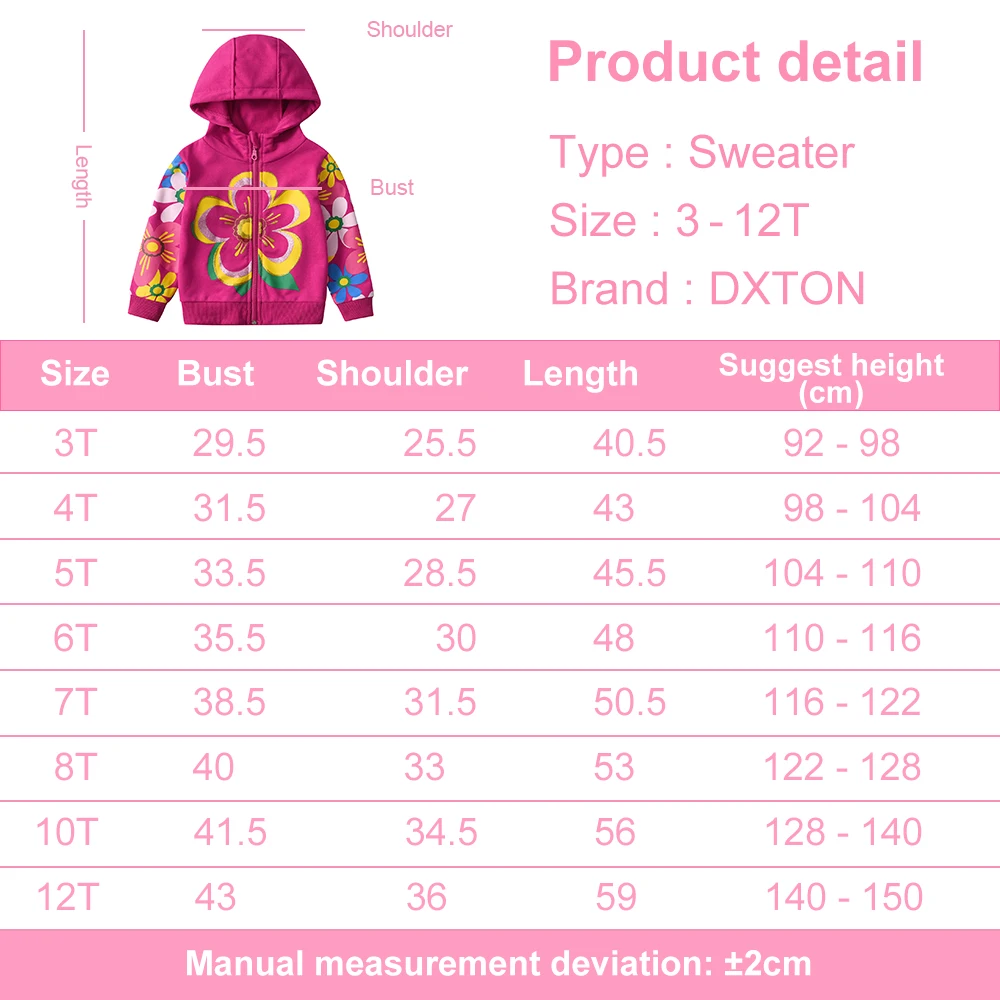 DXTON Kids Jacket Girls Hooded Coat for Autumn Winter Kids Flower Print Cotton Casual Sport Style Zip Jackets Children Clothing