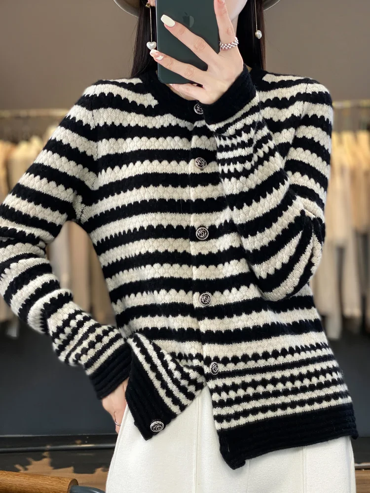 Autumn Winter Women Striped Cardigan 100% Merino Wool Knitwear O-neck Long Sleeve Cashmere Sweater New Female Clothing Top