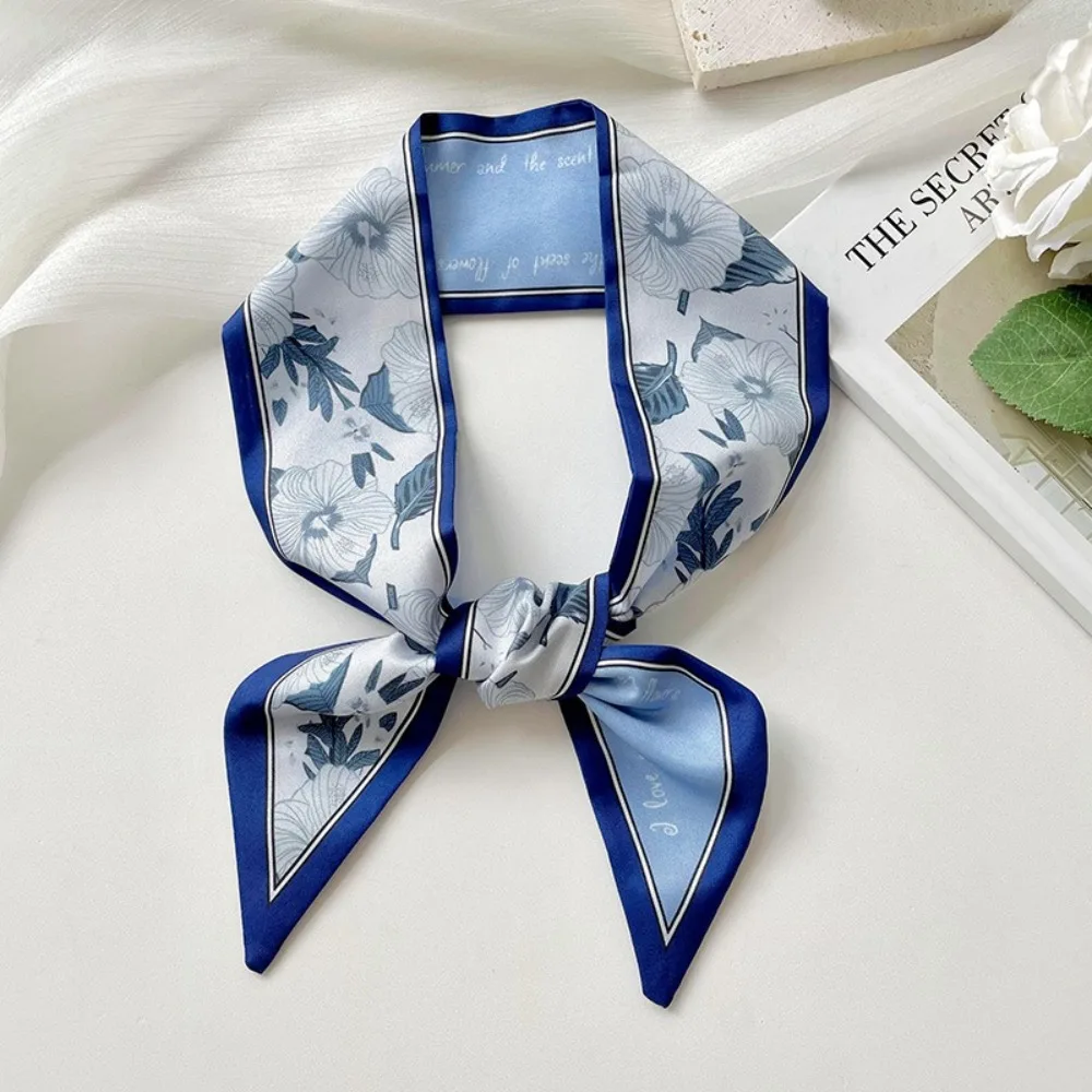 Elagant Floral Silk Satin Scarf Narrow Thin Long Tied Hairband Neckerchief Bag Decoration Vacation Headscarf