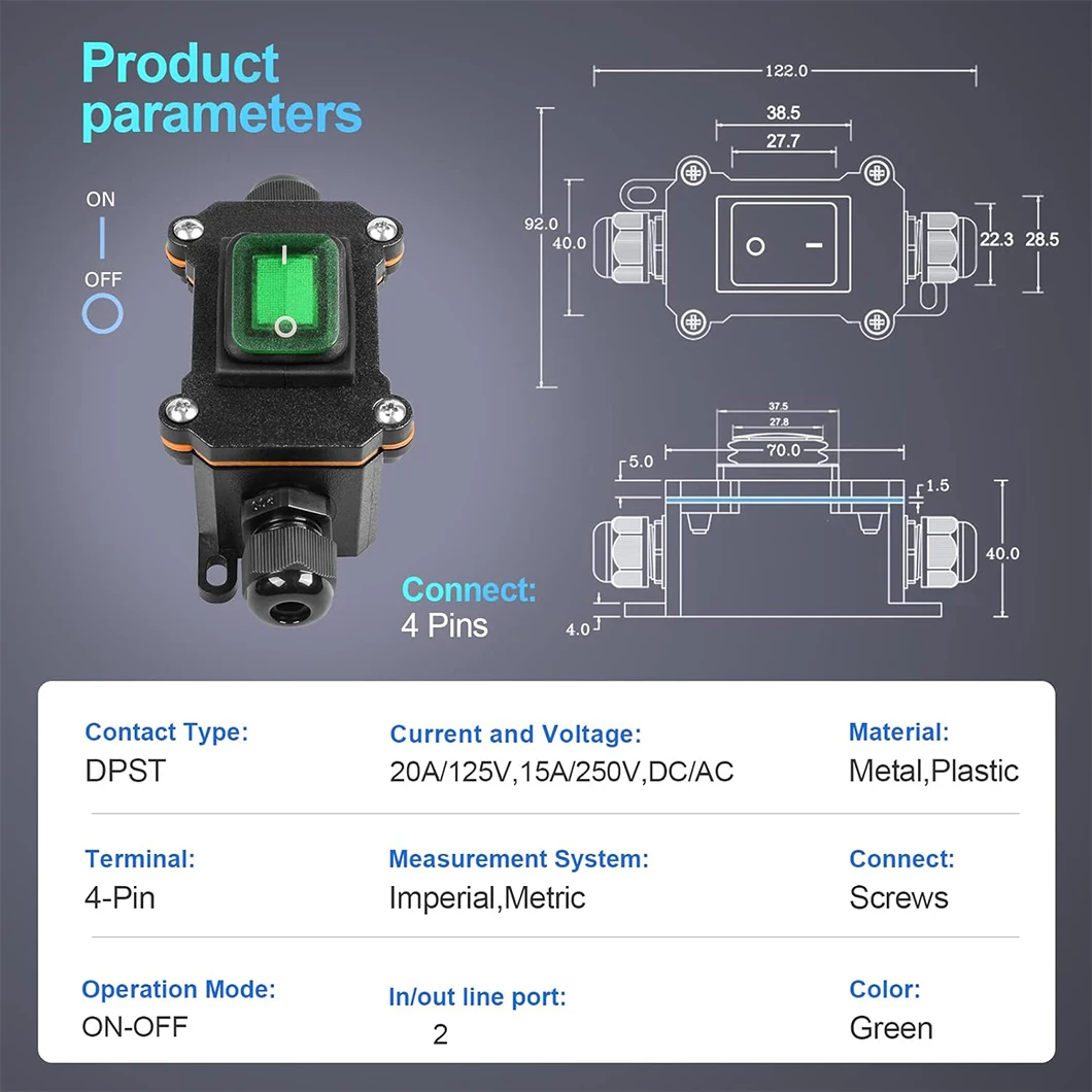IP66 Waterproof DPST AC/DC 15A250V/30A 250V ON-OFF Toggle Switch Box Dual Outlet Green Light Rocker Button Inline Cord Switch