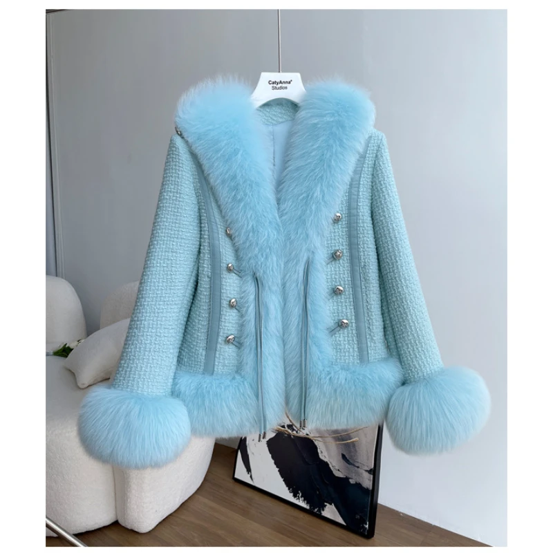 

Hot Sales New Winter Jacket Women Natural Fox Fur Weave Knit Buttons Tweed Blended Casual Thick Warm Real Fur Coat