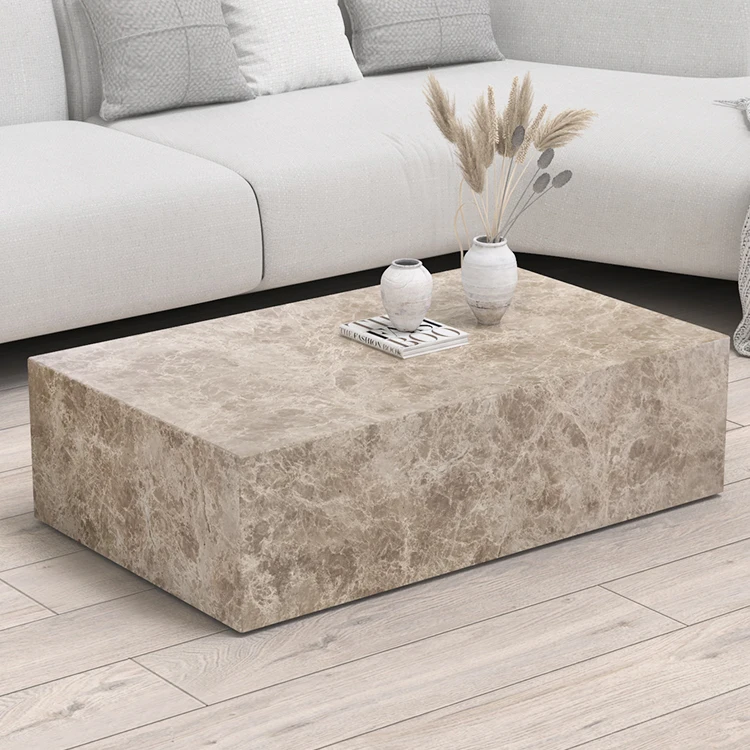 3 Piece Coffee Table Set, Natural Cream Marble Light Emperador Morden Office Pedestal Centre Coffee Table