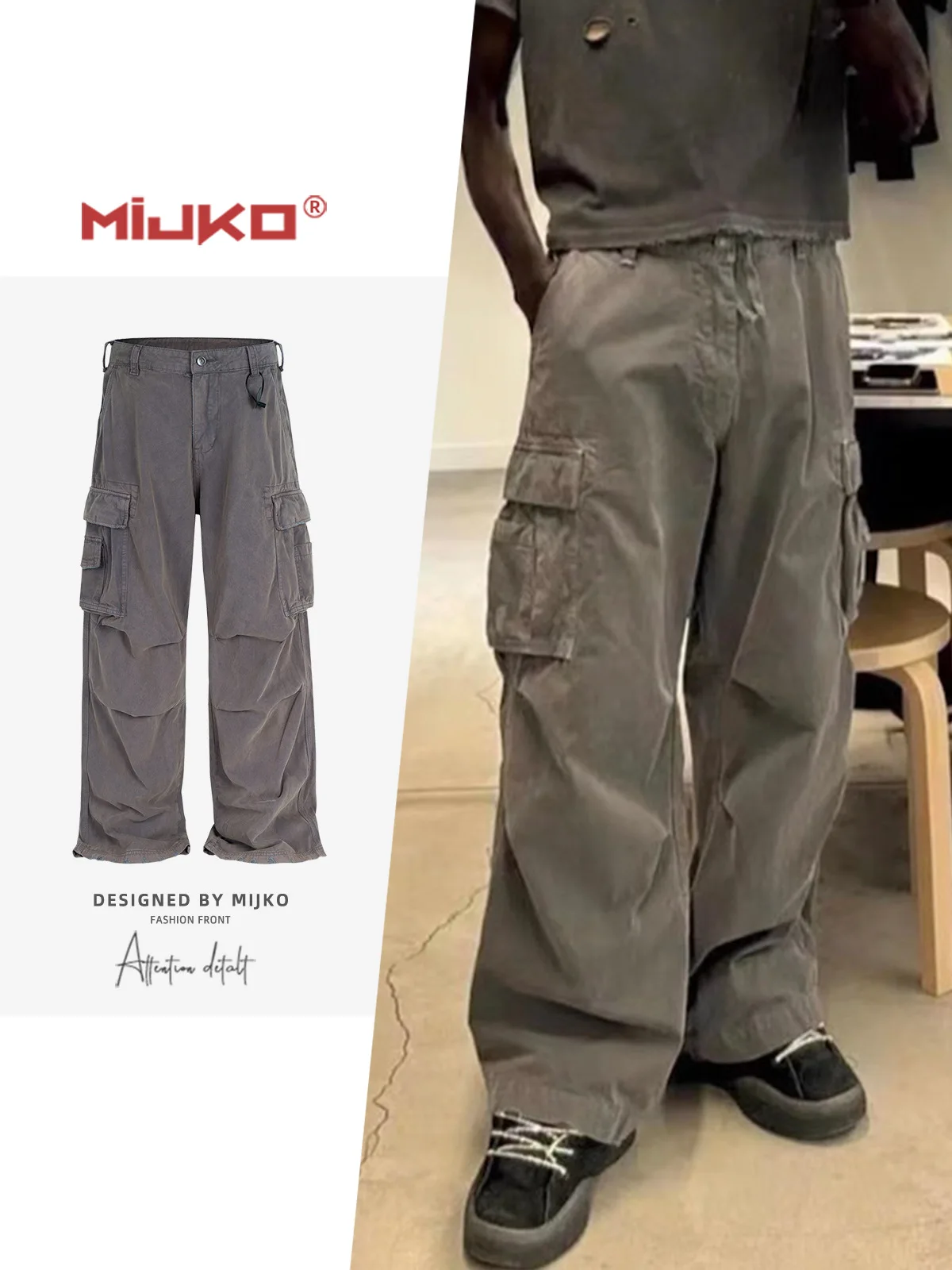 

MIJKO Grey Pants Washed Old Destroy Trousers for Men and Women ZJ111