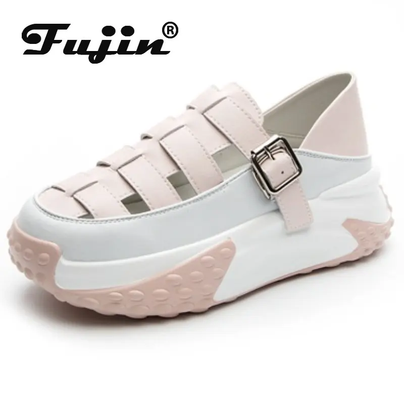 

Fujin 6cm 2023 New Weave Genuine Leather Platform Wedge Women Mules Sneakers Casual Buckle Slippers Hollow Summer Shoes Sandals