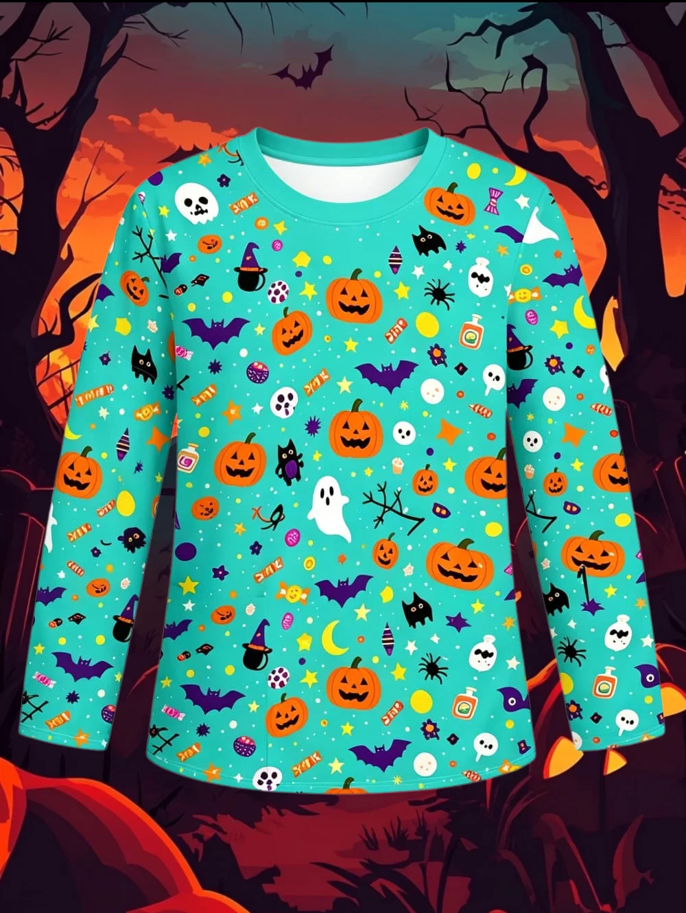 Halloween Skull Pumpkin Print Girl's T-Shirt Pullover Autumn Casual Long Sleeve Top Round Neck Holiday Party Children's Clothing