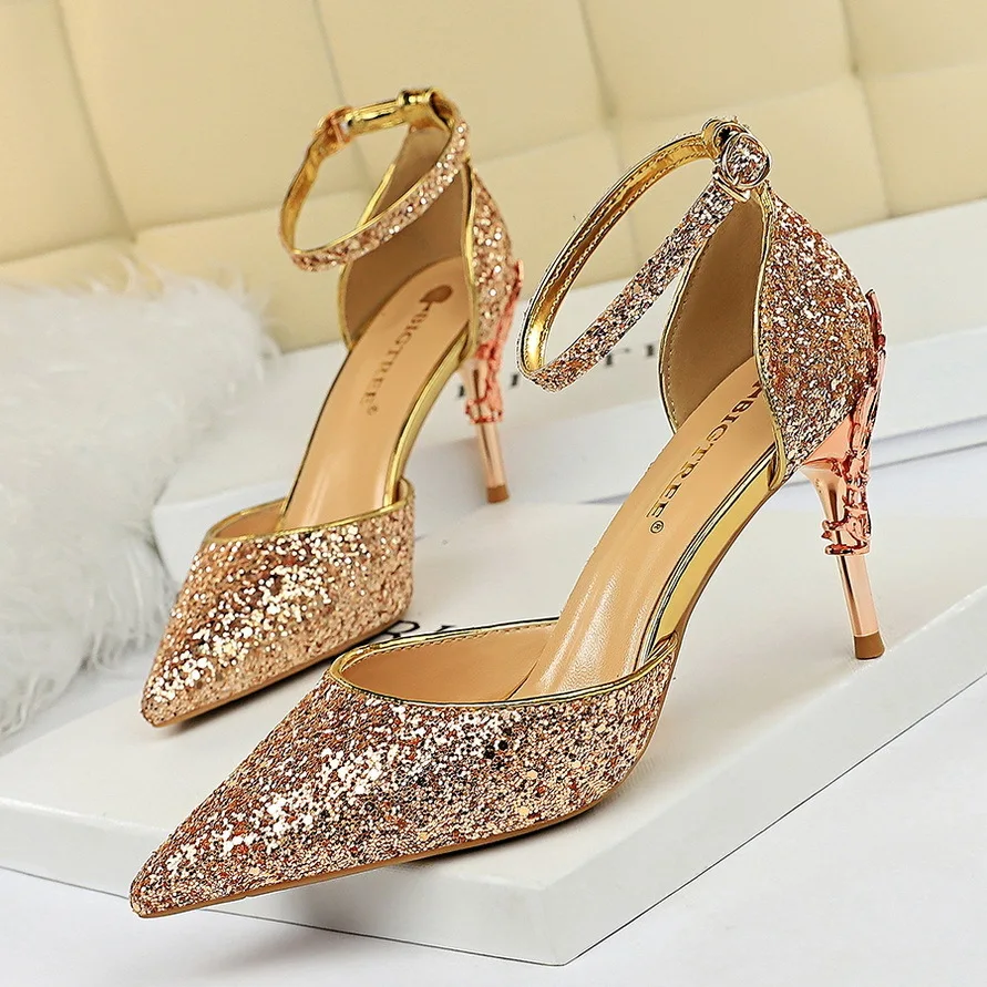 

Women's High Heels Sexy Hollow Ladies Shoes Metal Decorated Shallow Mouth Pointed Sequins Straight Sandals Pumps туфли женские
