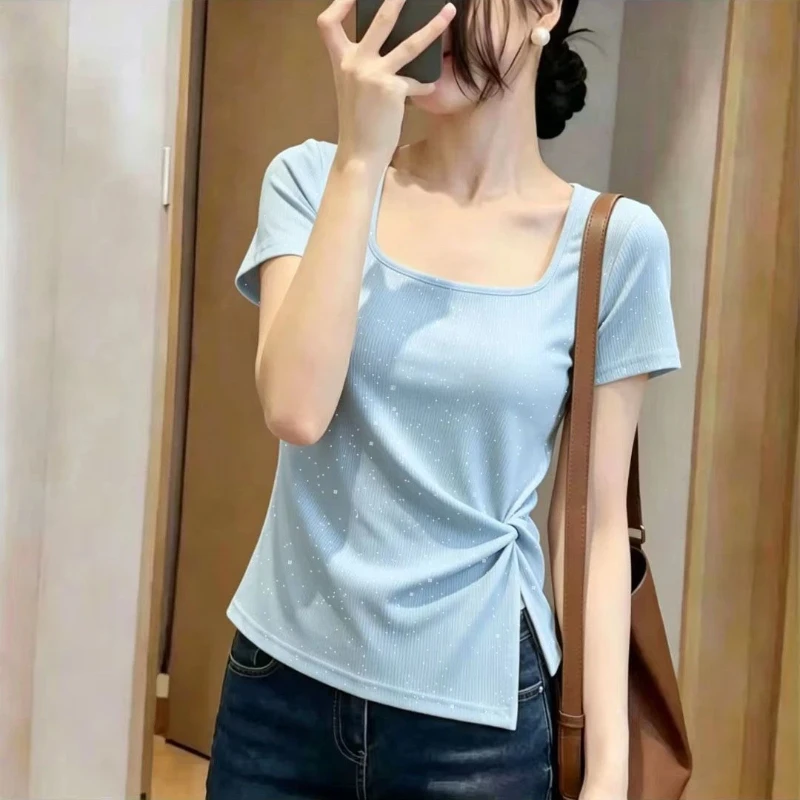 Summer New Sequined Irregular Plus Size Casual T Shirts Women Clothing Short Sleeve Pleated All-match Trend Tops Fashion Elegant