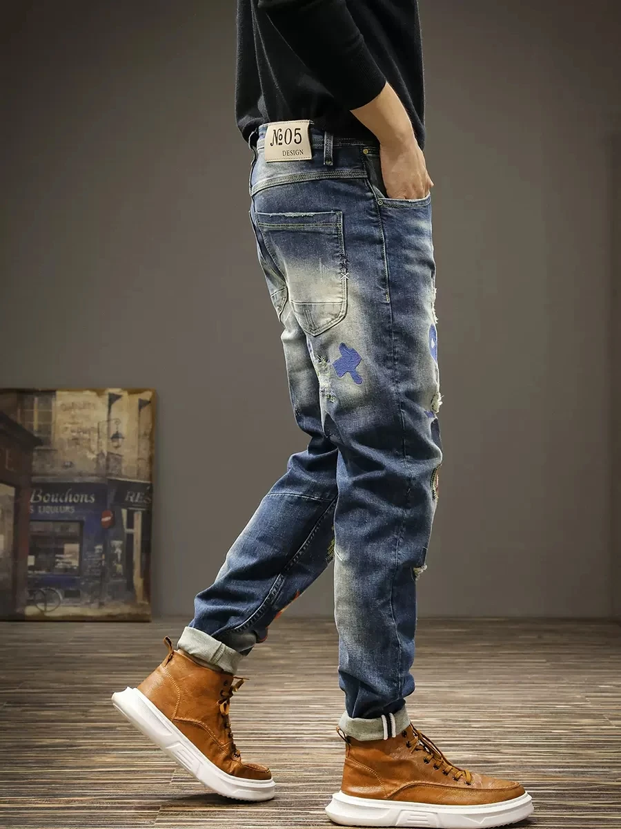 Streetwear Fashion Men Jeans Retro Blue Stretch Slim Fit Embroidery Ripped Jeans Men Patch Designer Hip Hop Denim Pants Hombre