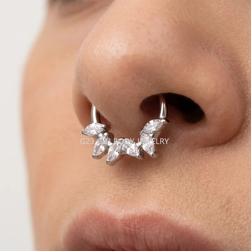 ASTM F136 Titanium EAR PIERC Nose Ring Teeth Tip CZ Ring Hoop Nose Rings Hinged Clicker Earring Ring factory Body Piercing