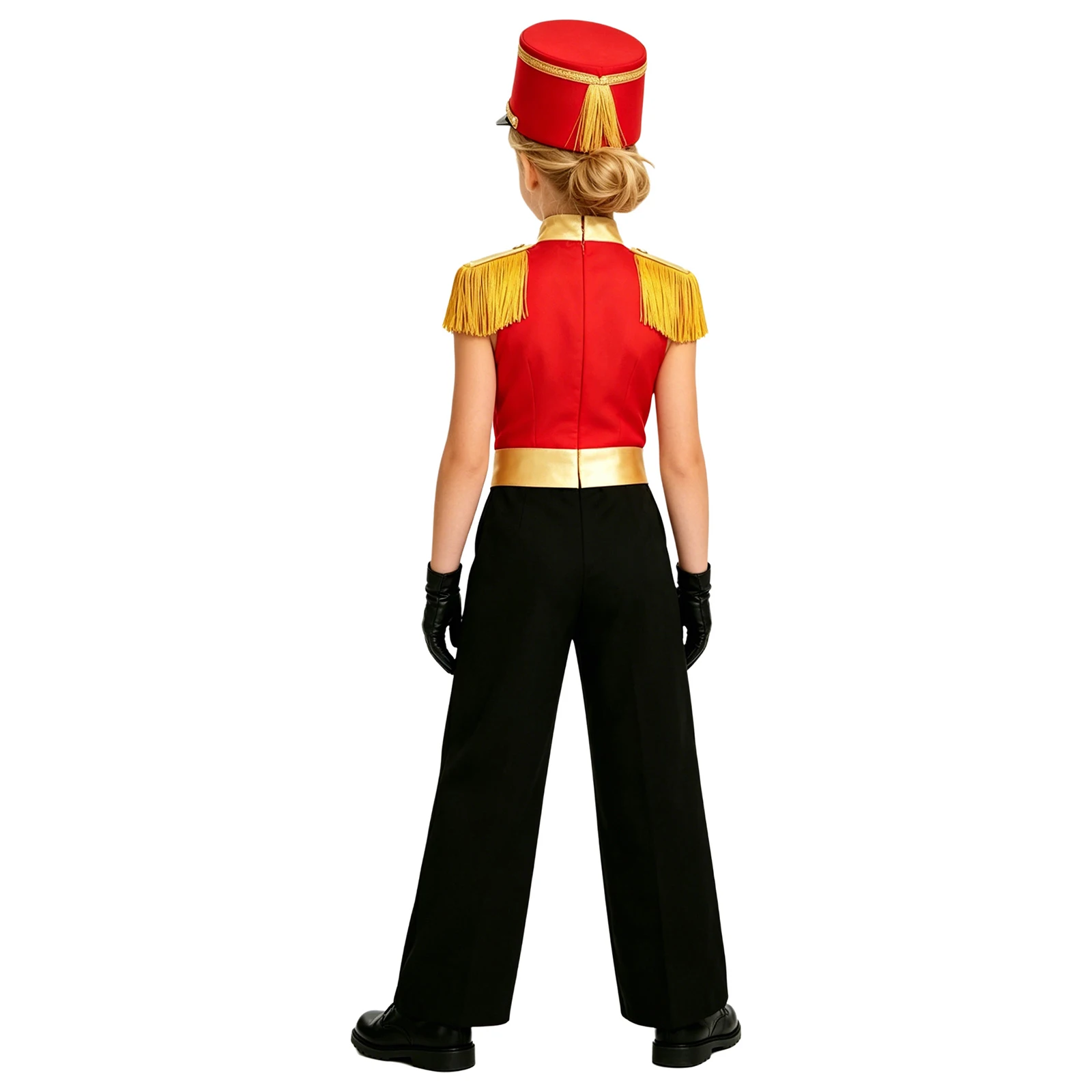Girls Drum Trumpet Marching Band Honor Guard Costume Sleeveless Tassel Epaulet Wide-leg Jumpsuit for Halloween Circus Cosplay