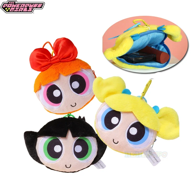 Monederos de felpa originales de 10cm y 13cm, bolsa colgante pequeña Powerpuff para niñas, bolsa de transporte para monedas con dibujos animados, almacenamiento de auriculares