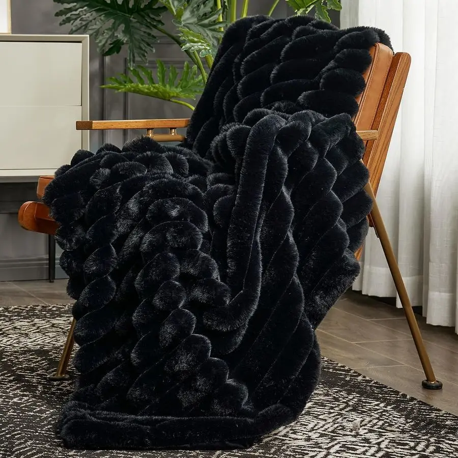 

Faux Fur Throw Blanket for Couch, Cozy Warm Plush Striped Blanket for Sofa Bedroom Living Room, 50 60 Inches Black