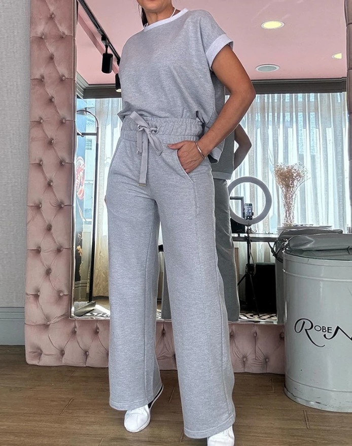 2PCS Women's New Fashion Trousers Outfits Two Piece Sets Casual Lady Round Neck T-Shirt & Stretchy Waist Pocket Design Pants Set