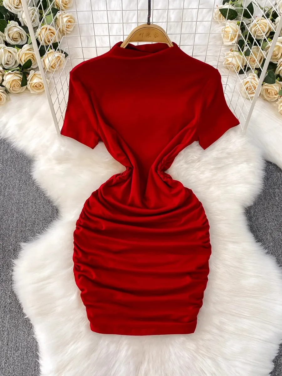 Foamlina Pleated Cinched Waist Slim Fit Dress Women 2025 Summer Chic Solid Color Short Sleeve Sexy Bodycon Mini Tight Dresses