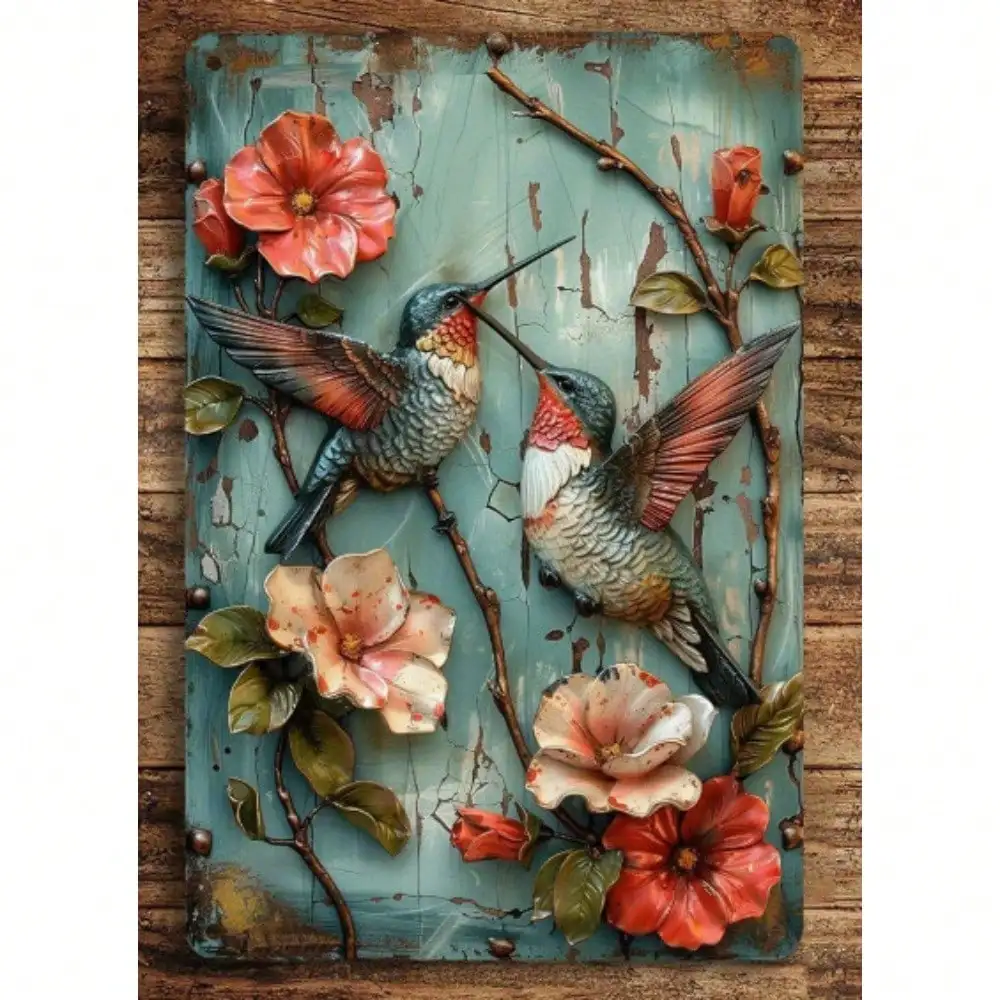 Rustikale Kolibri-3D-Metallschild, Vintage-Blumendekor, Akzent im Bauernhaus-Garten mit Naturmotiv
