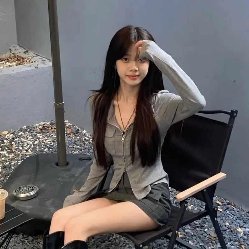 حار فتاة نقية المثيرة مزدوجة سحابات بدوره إلى أسفل طوق بأكمام طويلة تي شيرت امرأة الربيع/الصيف شكل المناسب Midriff-baring #4