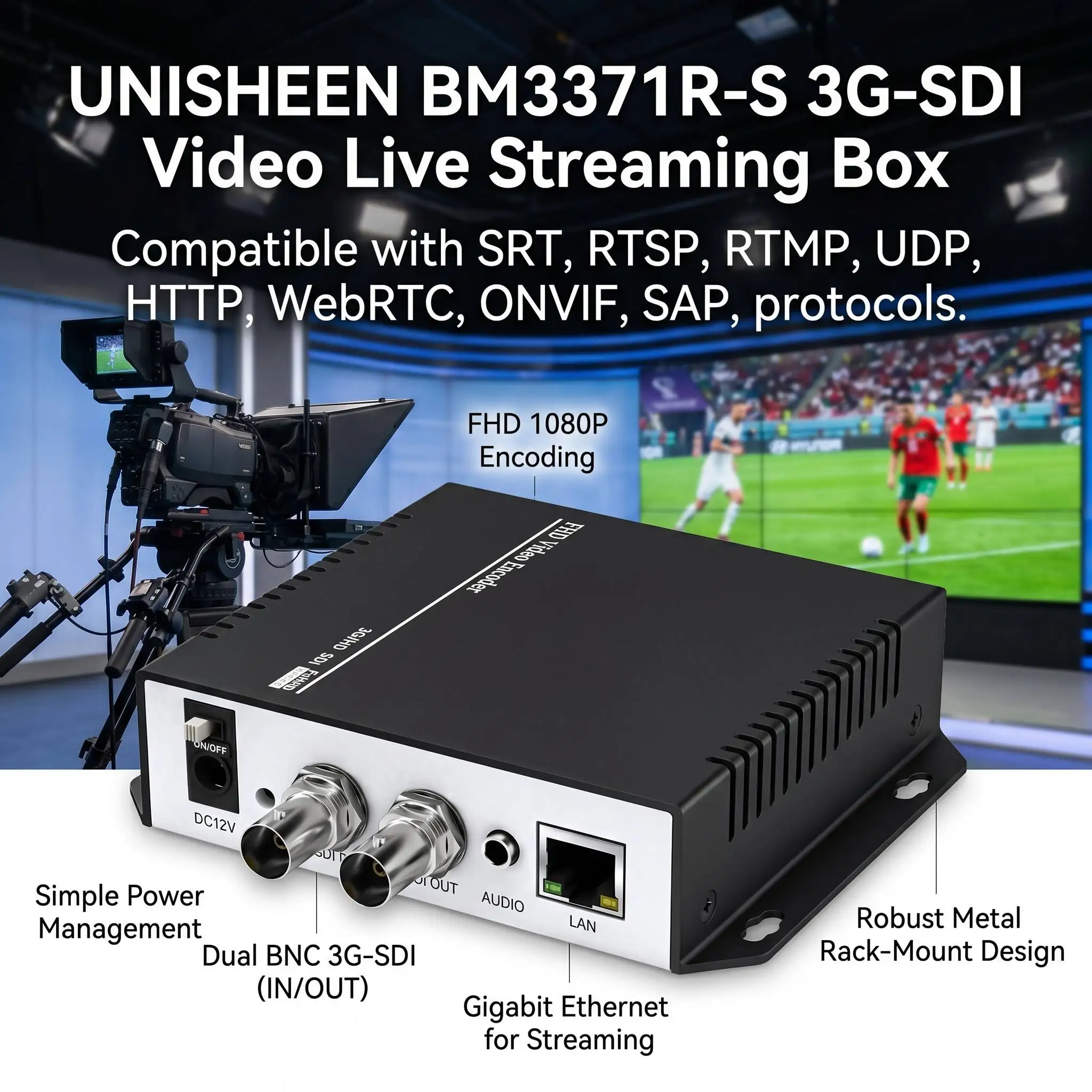 UNISHEEN BM3371R-S 1080p H.265 HEVC H.264 Live Streaming IPTV Transmitter Onvif RTSP RTMP SRT UDP WebRTC SDI Video IP Encoder