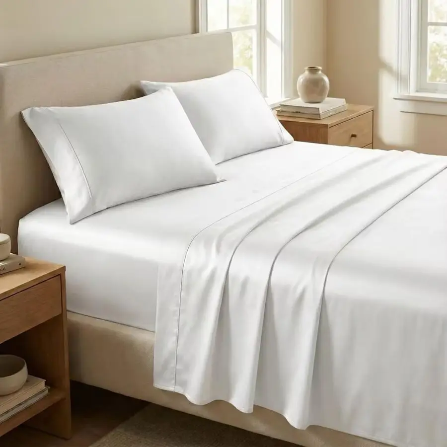 

Queen Sheet Set 100 Cotton, 500TC Luxury Sateen Bedding, 16 Deep Pocket, MoistureWicking, 4Piece, White