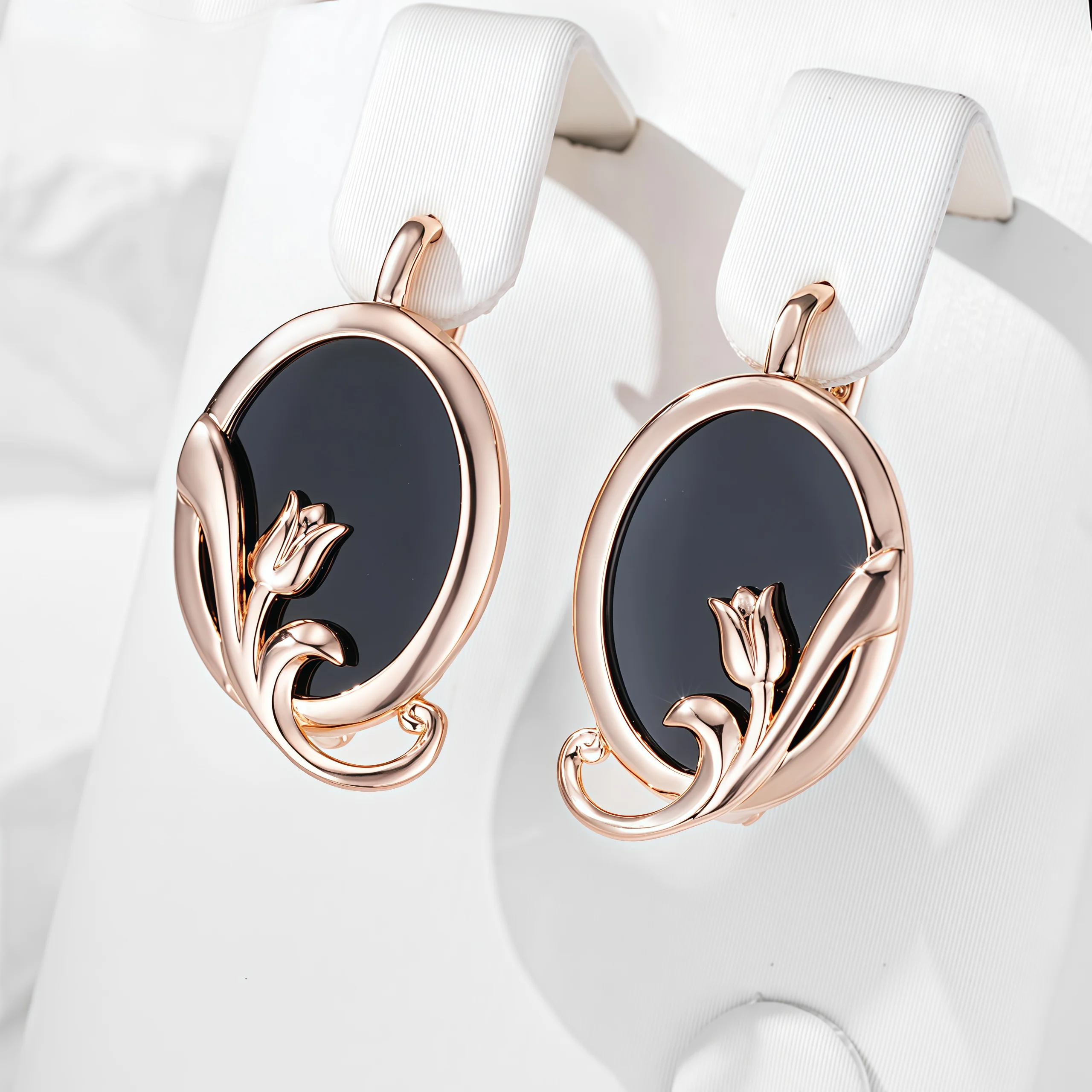 Wbmqda Retro Oval Black Stone Women's Earrings 585 Rose Gold Color Ethnic Bridal Wedding Jewelry