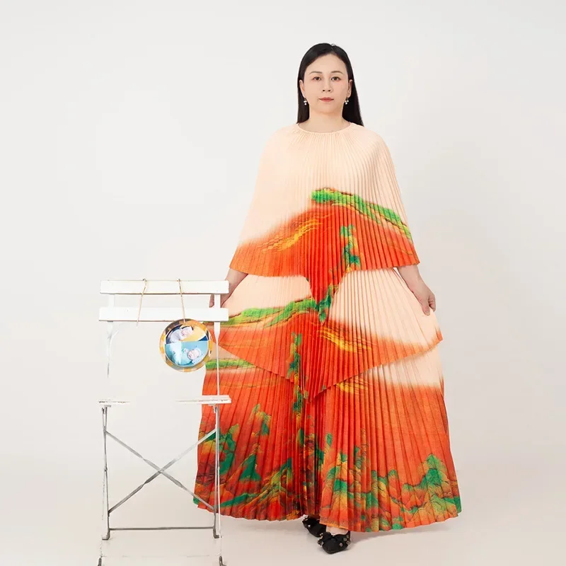 Miyake Pleated Women\'s Clothing 2024 New Printing Irregular Large Size 2 piece sets womens outfits top and skirt