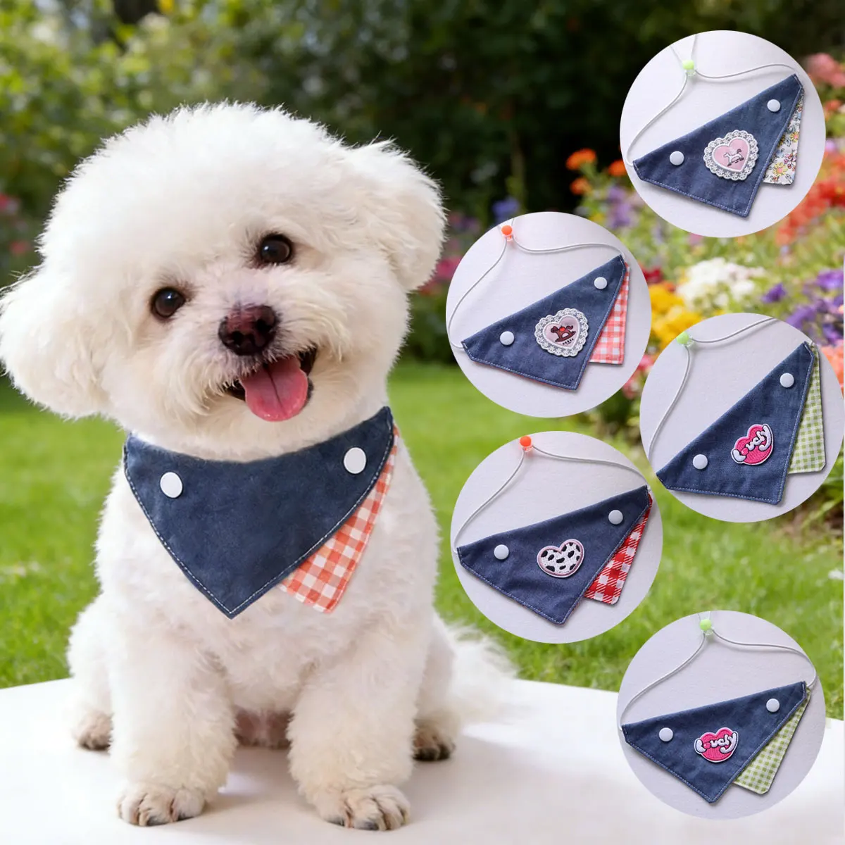 Pet Cute Denim Plaid Bib Dogs & Cats Fashionable Handsome Adjustable Neck Scarf Button Design Photo  Decoration