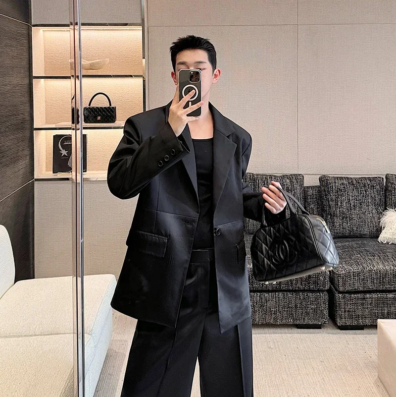 Two Pieces Set Black 2024 Spring Deconstructed Acetic Acid Patchwork Blazer Wide Leg Suit Pants Loose Temperament WA3700