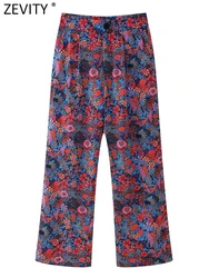 ZEVITY-Pantalones rectos informales plisados con estampado Floral para Mujer, pantalón largo con cremallera y bolsillos, Estilo Vintage, P264