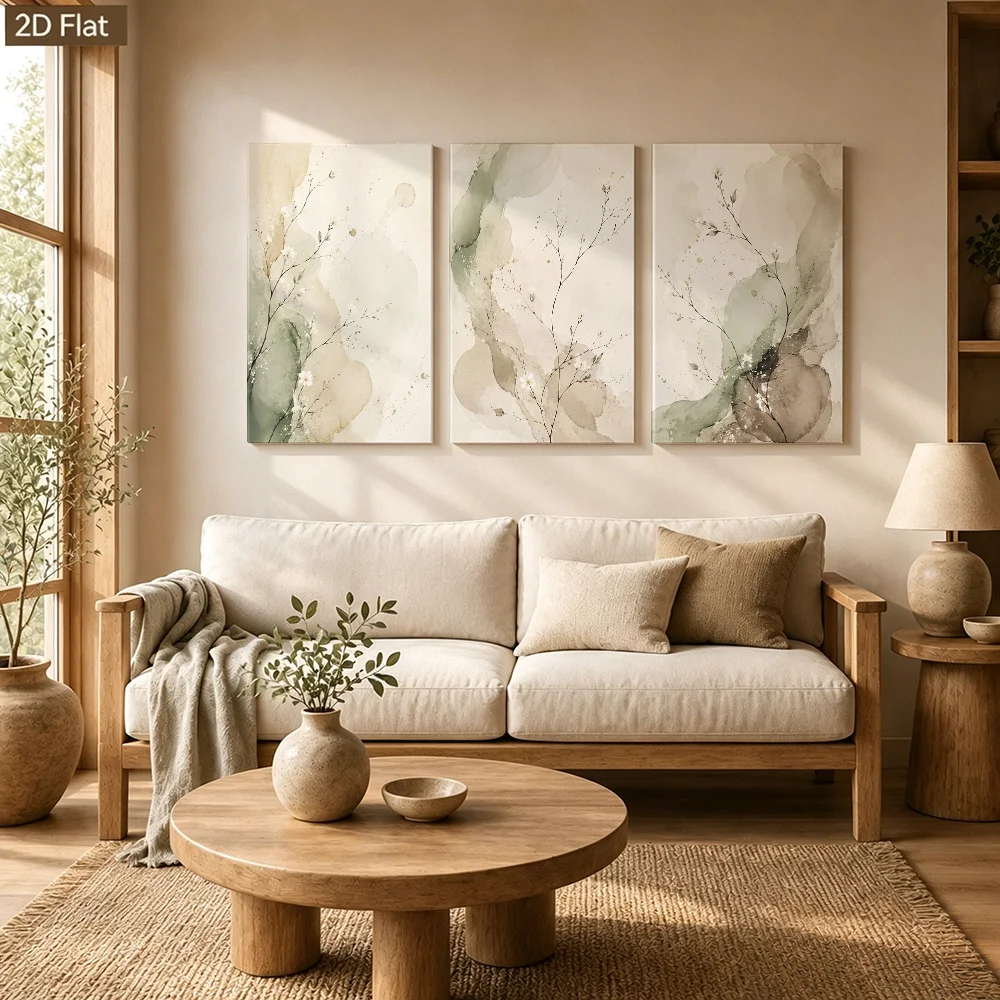 (No frame)2D Flat, 3pcs Vertical Nordic Minimalist Floral Branch Wall Art - Abstract Watercolor Suitable for Living Room, Bed