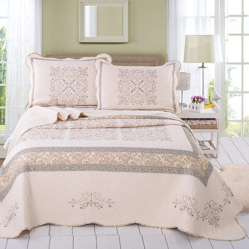 

European Embroidered Cotton Quilt Set 3pc | Elegant Bedspread | King/Super King Size | Breathable Lightweight Bed Cover Blanket