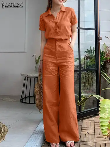 ZANZEA-Conjuntos a juego de verano para mujer, trajes de trabajo OL, camisa informal de manga corta, pantalones de pierna ancha holgados, traje de moda, chándales urbanos