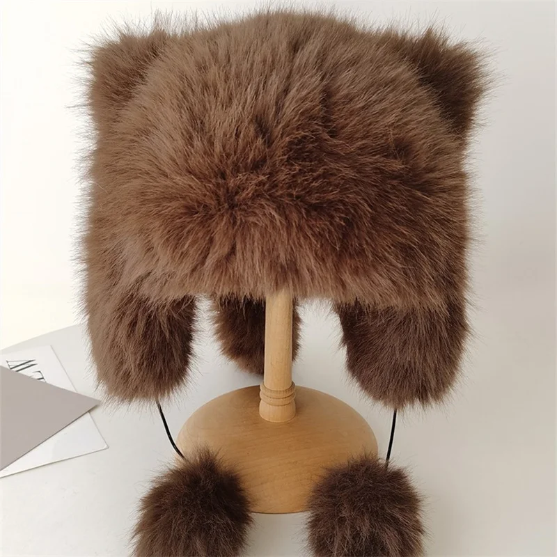 Chapeau en fausse fourrure moelleux pour femme, bonnets chauds d'hiver, bonnet à oreillettes en peluche de luxe, belle oreille d'ours, gros, protection des oreilles avec boule de fourrure