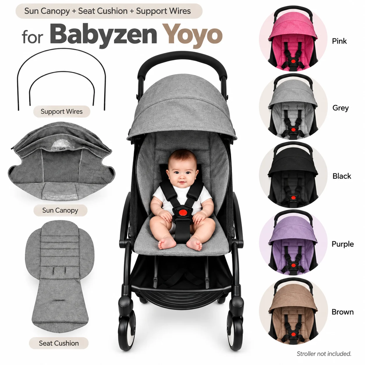 3 PCS/ SET- Baby Stroller Seat Cushion and Canopy with Iron Stent Set Compatible with Babyzen YOYO 2 and YOYO+, Pushchair Access