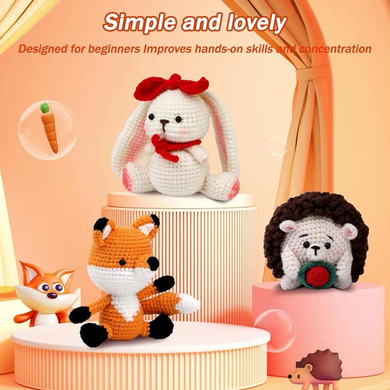 Animals Crochet Doll Kits Beginner DIY Knitting Fox Hedgehogs and Rabbit Plush Doll Includes Weaving Yarns Hook Accessories Sets