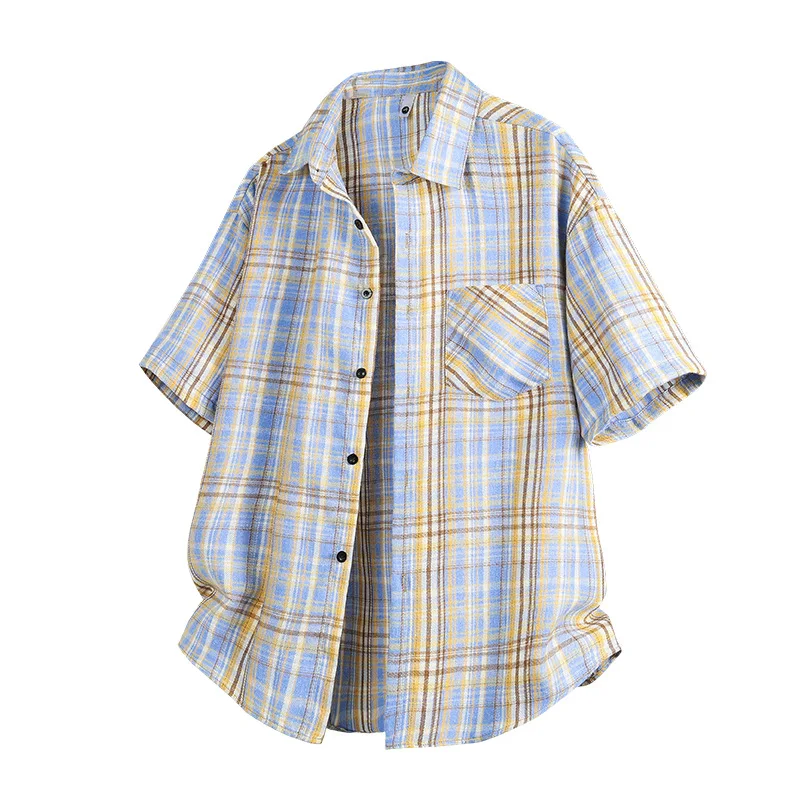 2026 Summer New Short Sleeved Men's Shirt Japanese Korean Fashion Plaid Casual Loose Shirts for Men Tops Coat Streetwear